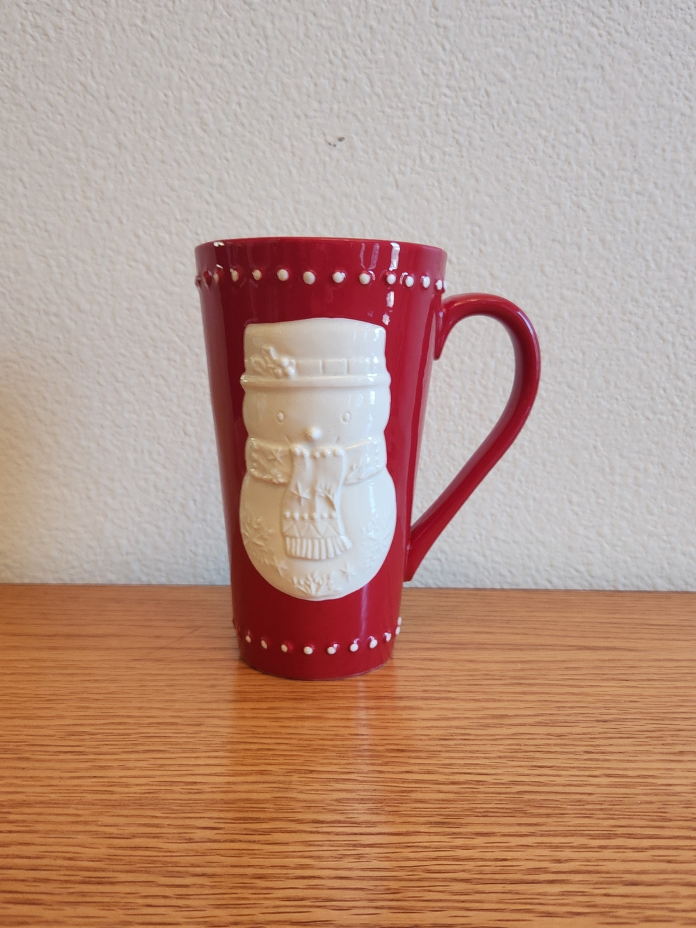 Hallmark Christmas Holiday Red Ceramic Mug with White Raised Snowman